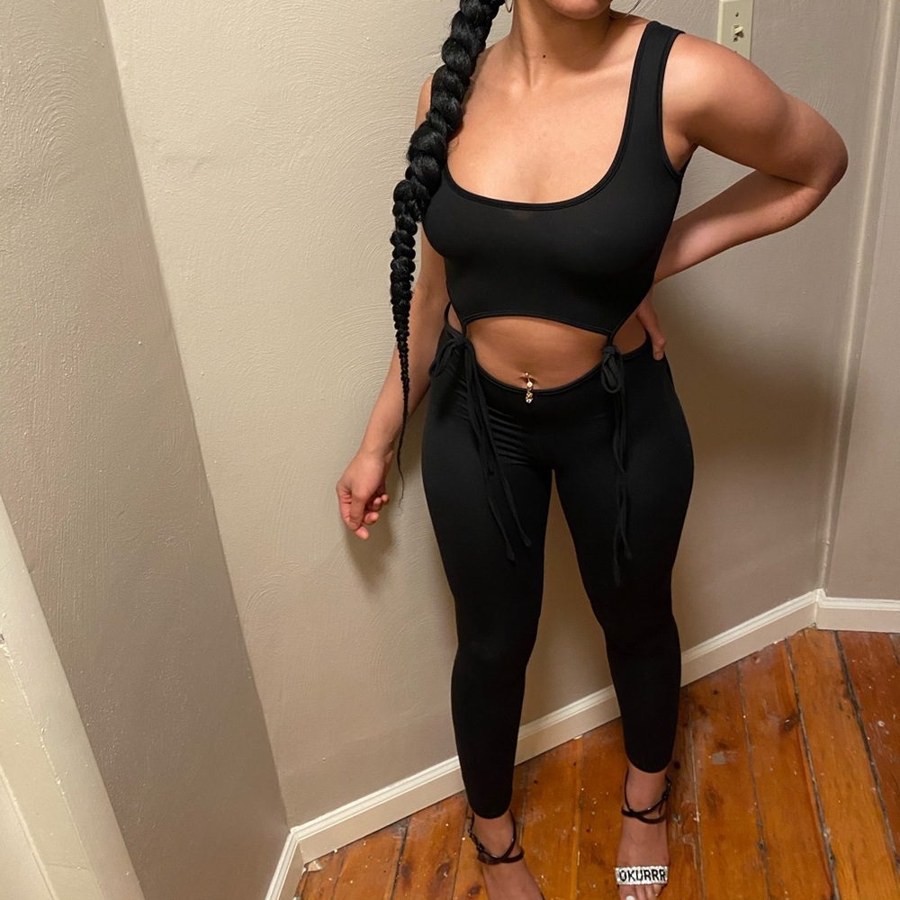 Black string tie jumpsuit (WORN ONCE)